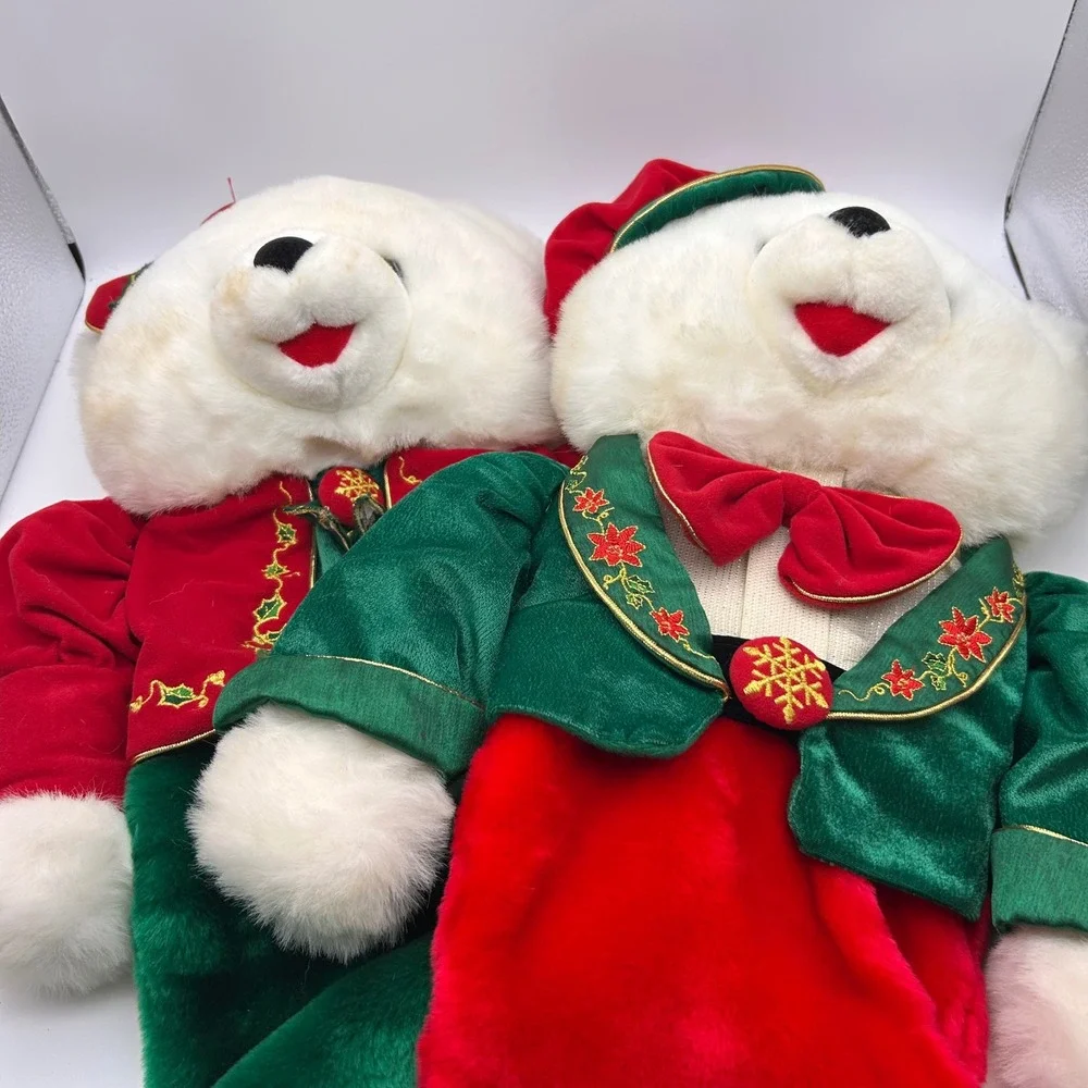 Vintage TB Toy Trading Christmas Bear Stockings Set of 2 Red Green Velvet Plush